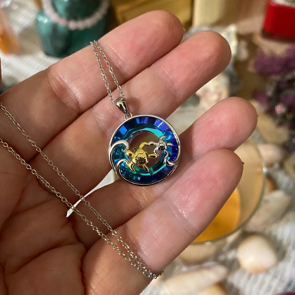 Turtle Under The Sea Crystal Sterling Silver Necklace